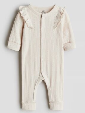 H&M Cream Ribbed Pointelle Eyelet Design Ruffle Baby Cotton Footie